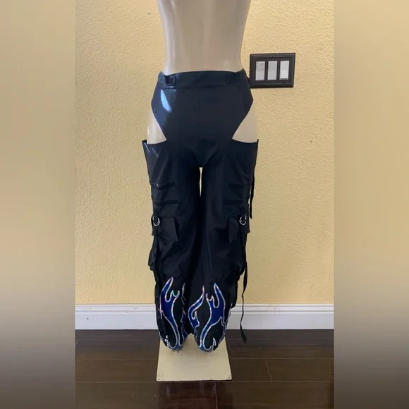 NAMILIA Size XS Black With Blue Flame Cut Out Moto Chaps Pants - Picture 3 of 7